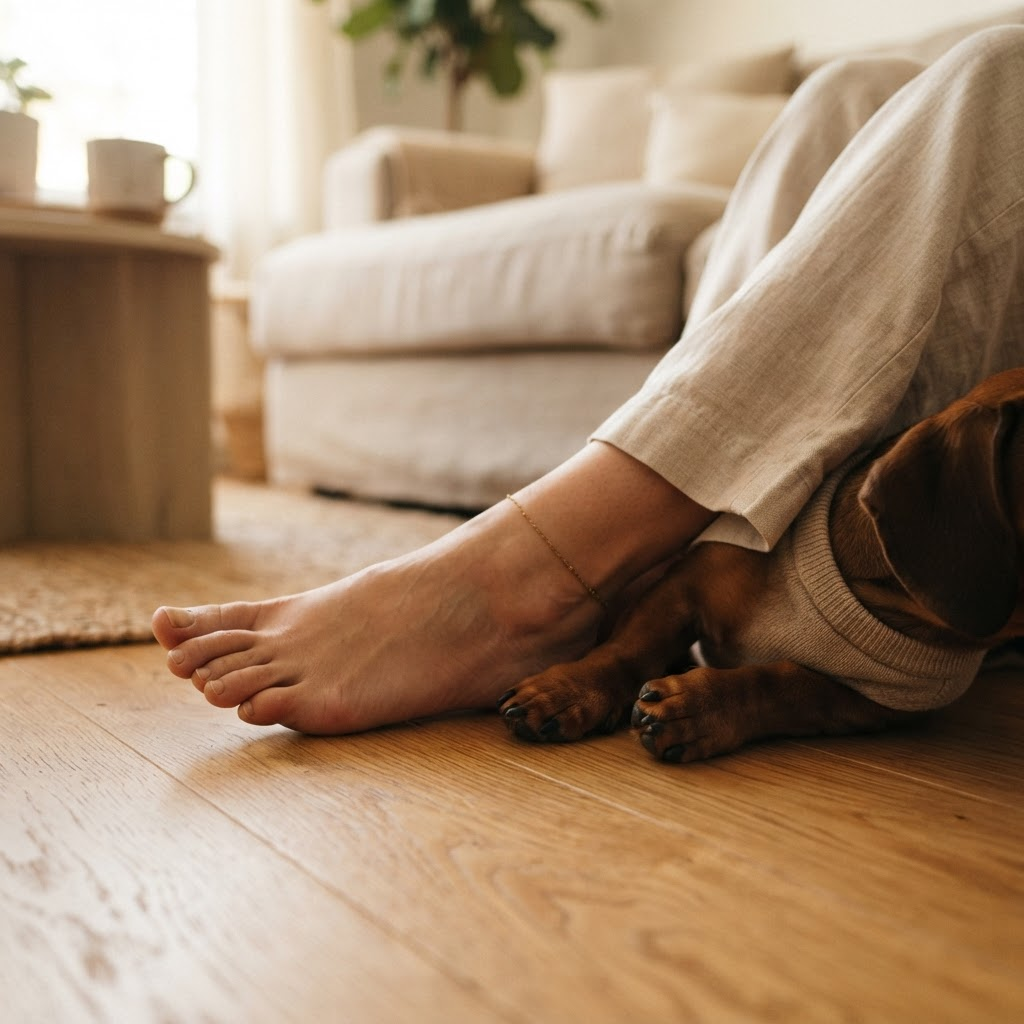 Bare feet and small dog paws on warm wooden floor — a symbol of a safe, clean home